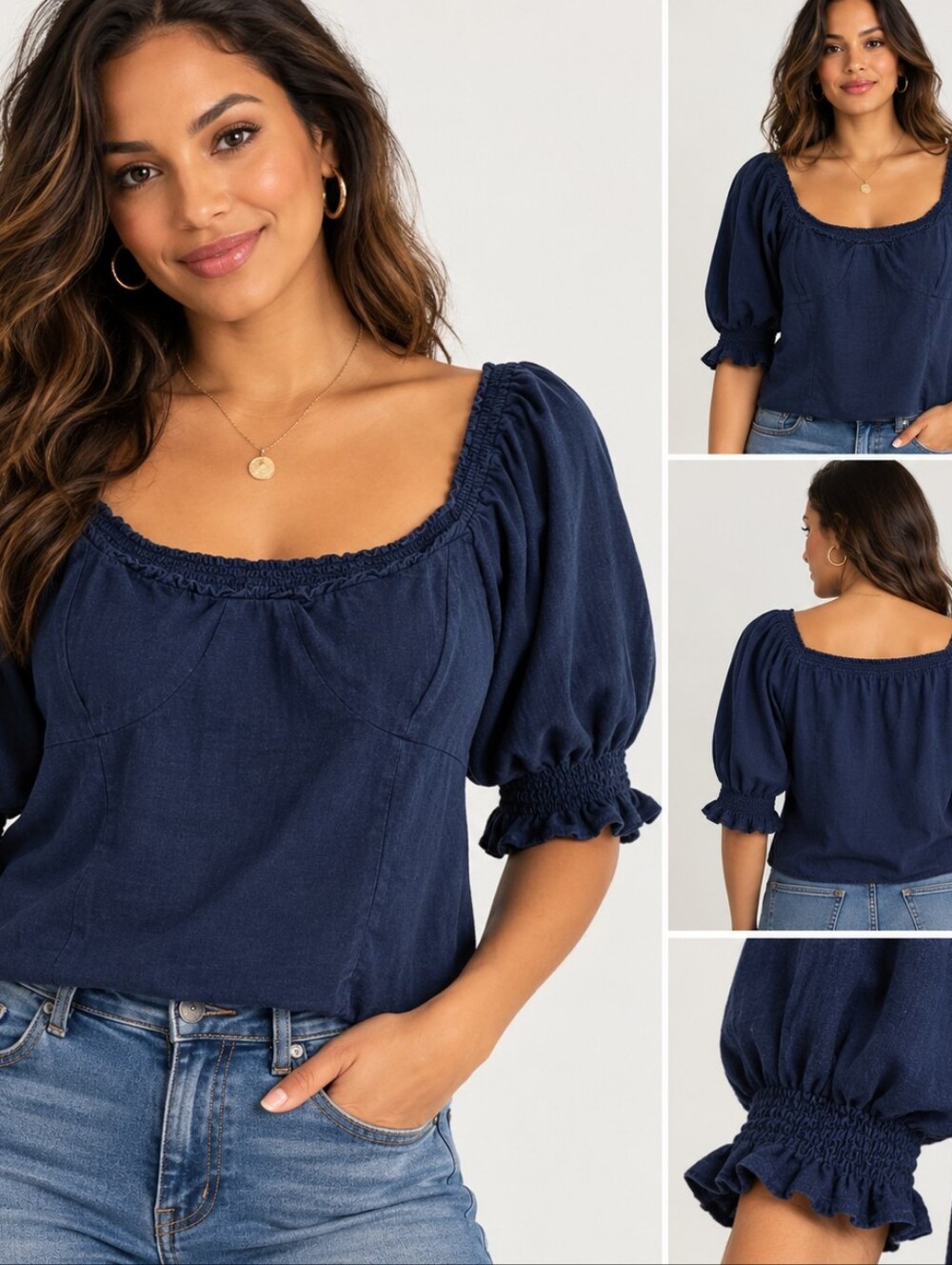 Daily Ritual Navy Smocked Off-Shoulder Puff Sleeve Top Size XL Boho